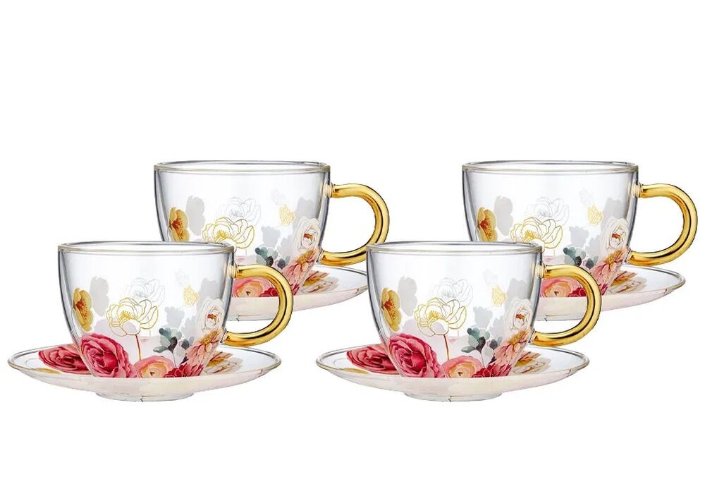 Ashdene Springtime Soiree - Double Walled Glass Cup & Saucer 4 Pack