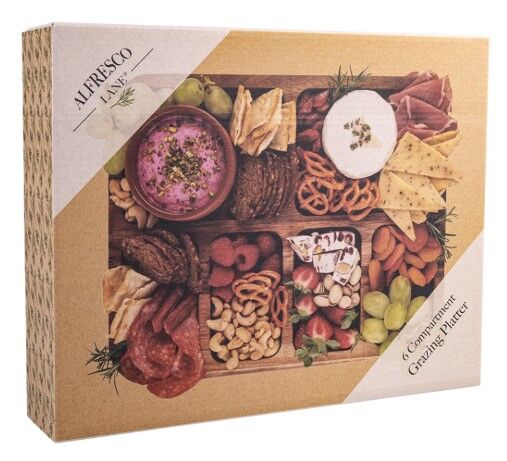 Alfresco Lane Acacia Wood 6 Compartment Rectangular Grazing Platter with Lid