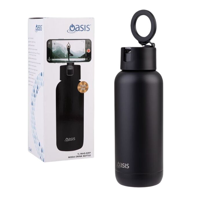 Oasis Moda Mag-Grip Triple Wall Insulated Water Bottle - 1L Black