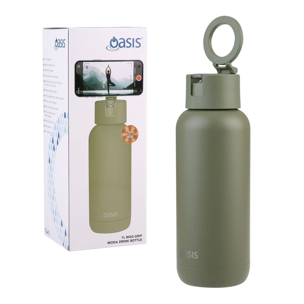 Oasis Moda Mag-Grip Triple Wall Insulated Water Bottle - 1L Olive Green