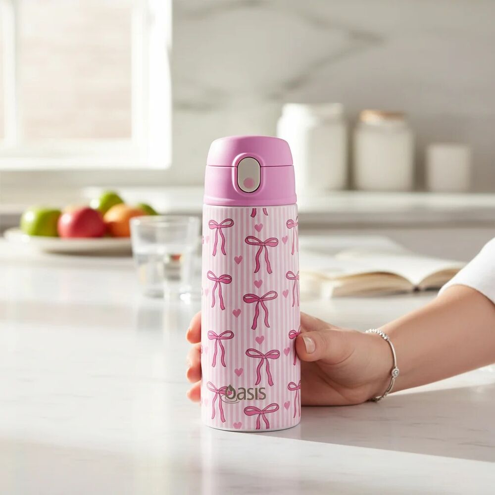 Oasis Double Wall Insulated Sipper Straw Kid's Drink Bottle - 550ml Bows & Hearts