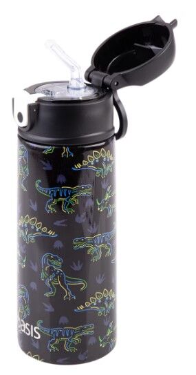 Oasis Double Wall Insulated Sipper Straw Kid's Drink Bottle - 550ml Neon Dinosaurs