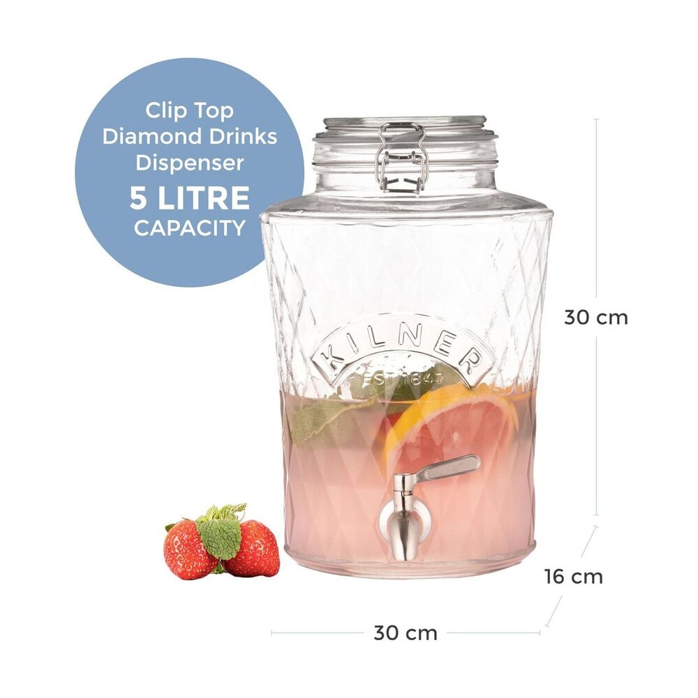 Kilner Clip Top Diamond Dispenser With Stainless Steel Tap - 5 Litre