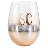 Rose Gold Stemless 60th Birthday Wine Glass