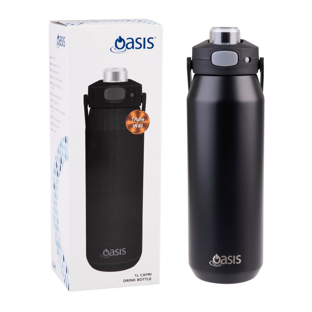 Oasis Capri Triple Wall Insulated Water Bottle - 1L Black