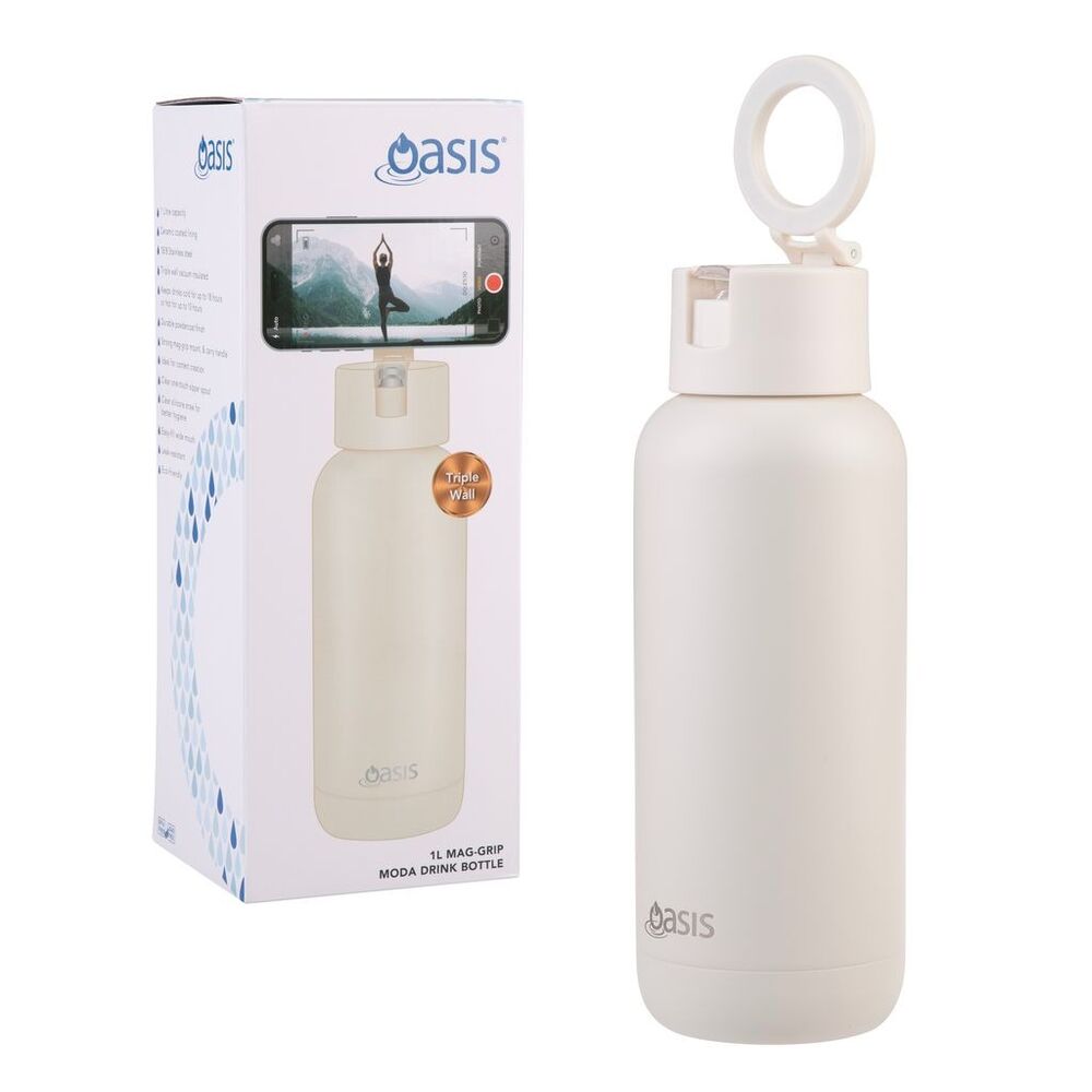 Oasis Moda Mag-Grip Triple Wall Insulated Water Bottle - 1L Alabaster