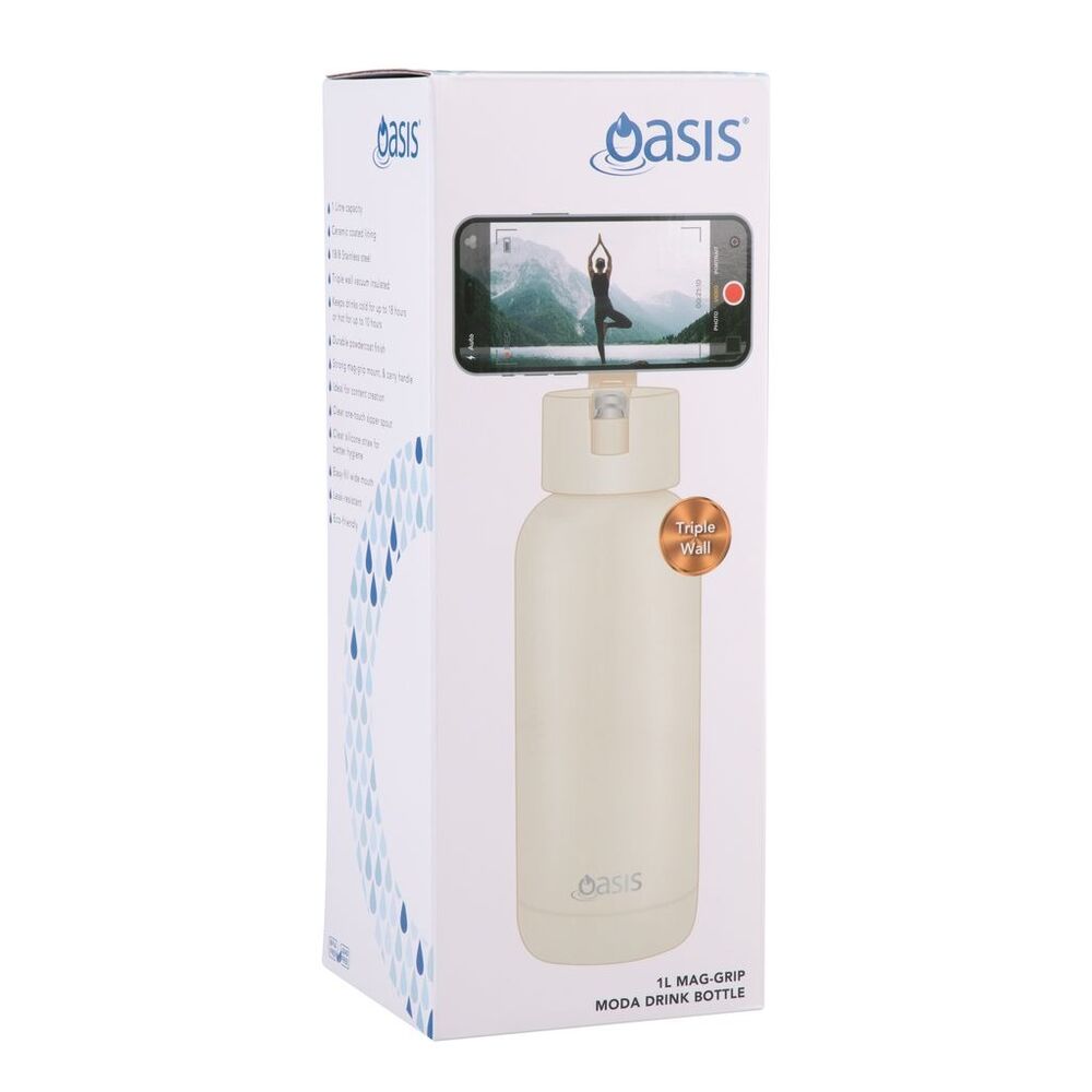 Oasis Moda Mag-Grip Triple Wall Insulated Water Bottle - 1L Alabaster
