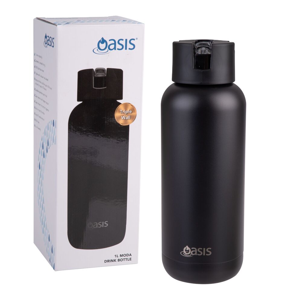 Oasis Moda Triple Wall Insulated Water Bottle - 1L Black