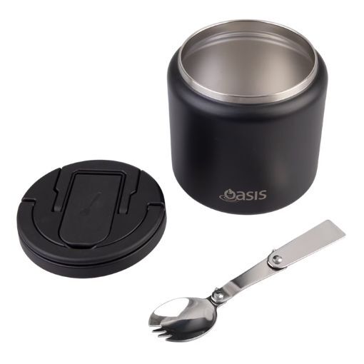 Oasis Double Wall Insulated Quick Release Lid and Spork Food Flask - 700ml Black