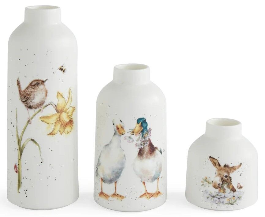 Royal Worcester Wrendale Designs Vases - Bird, Ducks, Donkey (Set of 3)