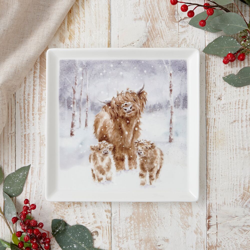 Royal Worcester Wrendale Designs Square Plate - A Highland Christmas Highland Cow