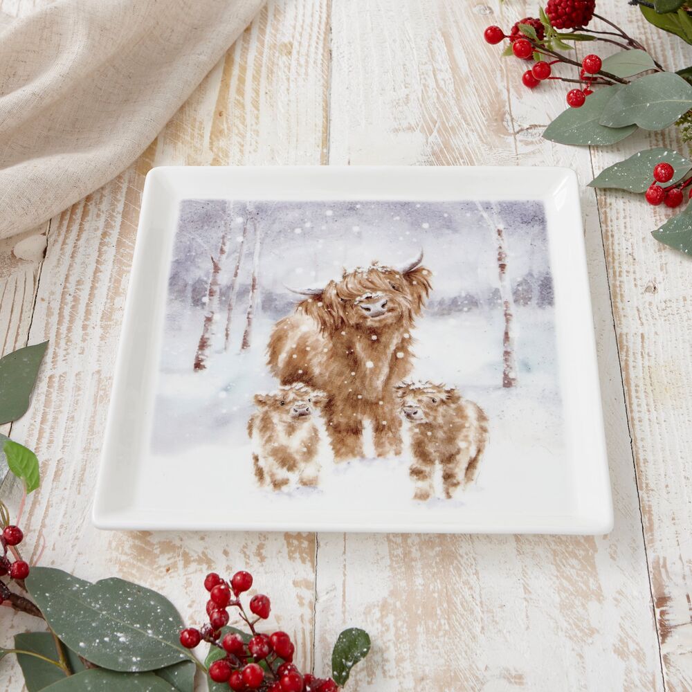 Royal Worcester Wrendale Designs Square Plate - A Highland Christmas Highland Cow